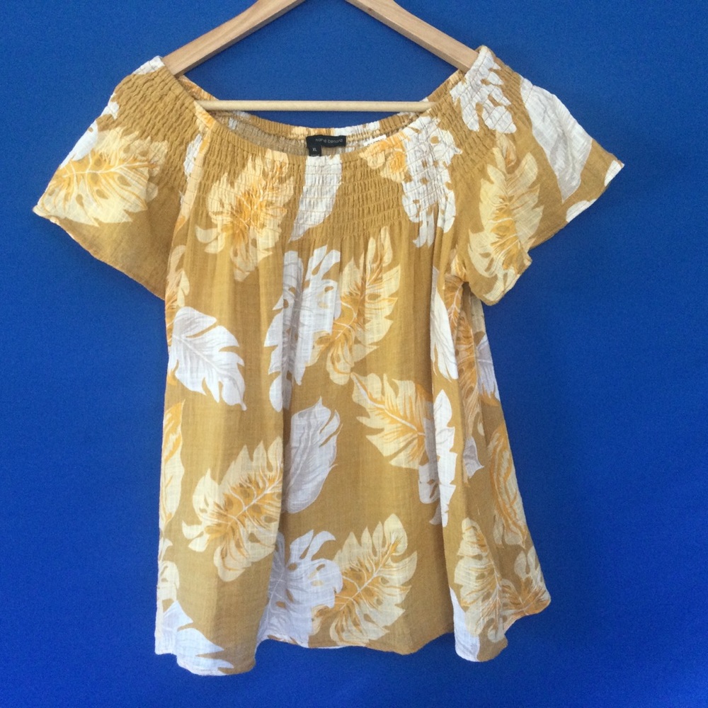 Harve Bernard XL Off the Shoulder linen top Palm Trees Mustard Yellow